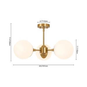 LightFixturesUSA-Mid-Century Brass 3-Light Opal Glass Globe Semi Flush Mount-Ceiling Light-24 in-