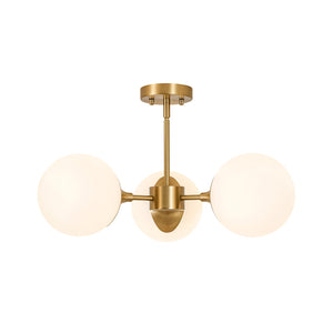 LightFixturesUSA-Mid-Century Brass 3-Light Opal Glass Globe Semi Flush Mount-Ceiling Light-24 in-