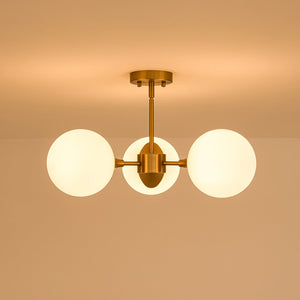 LightFixturesUSA-Mid-Century Brass 3-Light Opal Glass Globe Semi Flush Mount-Ceiling Light-24 in-