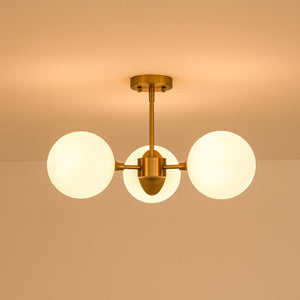 LightFixturesUSA-Mid-Century Brass 3-Light Opal Glass Globe Semi Flush Mount-Ceiling Light-24 in-
