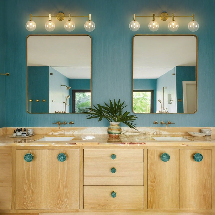 LightFixturesUSA - Mid - Century Brass 4 - Light Glass Globe Vanity Sconce - Wall Sconce - Frosted Glass - 