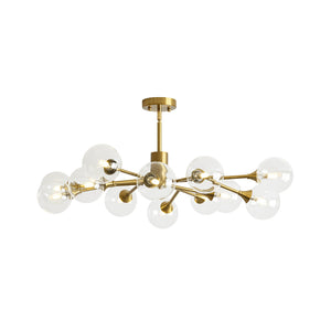 LightFixturesUSA-Mid-Century Brass Glass Bubble Branch Sputnik Semi Flush Chandelier-Ceiling Light-12-Lt-
