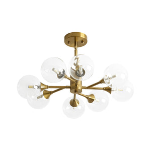 LightFixturesUSA-Mid-Century Brass Glass Bubble Branch Sputnik Semi Flush Chandelier-Ceiling Light-8-Lt-