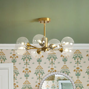 LightFixturesUSA-Mid-Century Brass Glass Bubble Branch Sputnik Semi Flush Chandelier-Ceiling Light-8-Lt-
