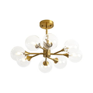 LightFixturesUSA-Mid-Century Brass Glass Bubble Branch Sputnik Semi Flush Chandelier-Ceiling Light-8-Lt-