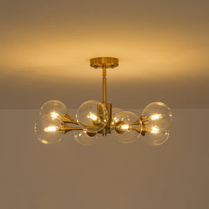 LightFixturesUSA-Mid-Century Brass Glass Bubble Branch Sputnik Semi Flush Chandelier-Ceiling Light-8-Lt-