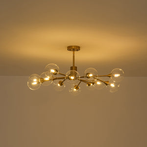 LightFixturesUSA-Mid-Century Brass Glass Bubble Branch Sputnik Semi Flush Chandelier-Ceiling Light-8-Lt-