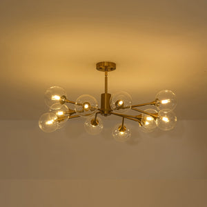 LightFixturesUSA-Mid-Century Brass Glass Bubble Branch Sputnik Semi Flush Chandelier-Ceiling Light-8-Lt-
