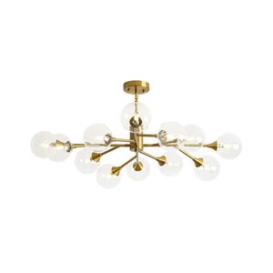 LightFixturesUSA-Mid-Century Brass Glass Bubble Branch Sputnik Semi Flush Chandelier-Ceiling Light-8-Lt-