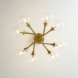 LightFixturesUSA-Mid-Century Brass Glass Bubble Branch Sputnik Semi Flush Chandelier-Ceiling Light-8-Lt-