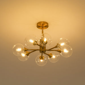 LightFixturesUSA-Mid-Century Brass Glass Bubble Branch Sputnik Semi Flush Chandelier-Ceiling Light-8-Lt-