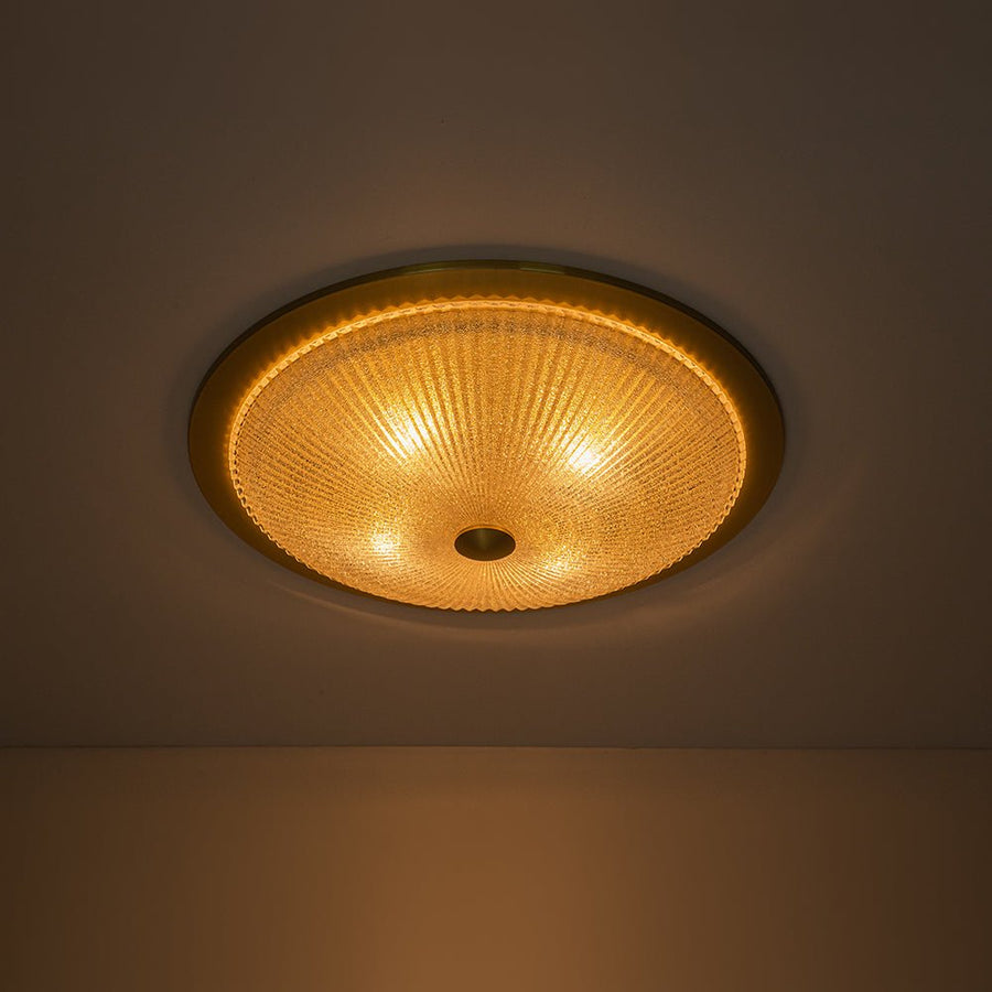 LightFixturesUSA - Mid - Century Brass Ribbed Textured Glass Flush Mount - Ceiling Light - Gold - 