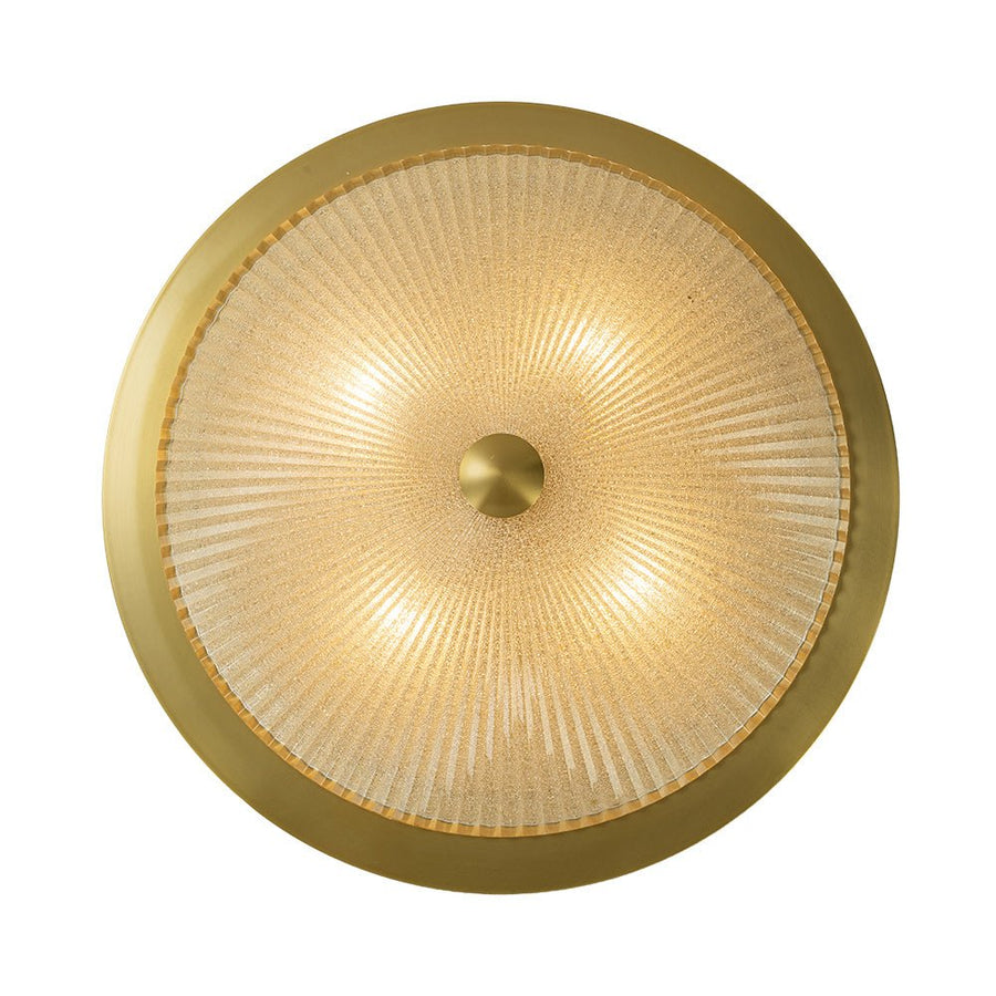 LightFixturesUSA - Mid - Century Brass Ribbed Textured Glass Flush Mount - Ceiling Light - Gold - 