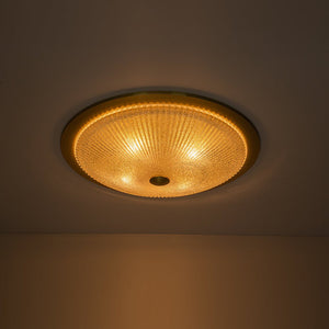 LightFixturesUSA - Mid - Century Brass Ribbed Textured Glass Flush Mount - Ceiling Light - Gold - 