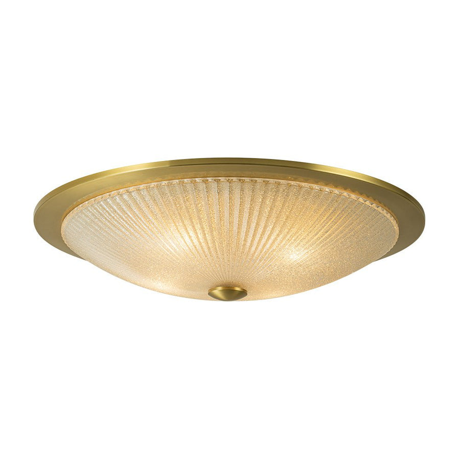 LightFixturesUSA - Mid - Century Brass Ribbed Textured Glass Flush Mount - Ceiling Light - Gold - 