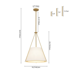 LightFixturesUSA-Mid-Century Brass White Fabric Conical Lantern Chandelier-Ceiling Light-18 in-