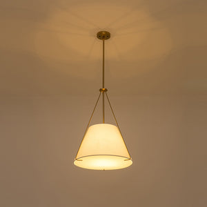 LightFixturesUSA-Mid-Century Brass White Fabric Conical Lantern Chandelier-Ceiling Light-18 in-