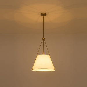 LightFixturesUSA-Mid-Century Brass White Fabric Conical Lantern Chandelier-Ceiling Light-18 in-