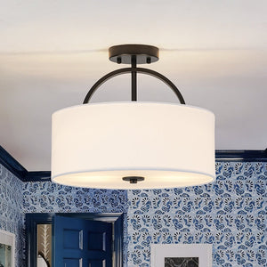 LightFixturesUSA - Mid - Century Brass Wide Linen Drum Semi Flush Mount - Ceiling Light - Black - 