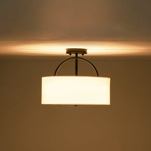 LightFixturesUSA - Mid - Century Brass Wide Linen Drum Semi Flush Mount - Ceiling Light - Black - 