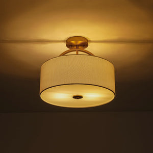 LightFixturesUSA - Mid - Century Brass Wide Linen Drum Semi Flush Mount - Ceiling Light - Brass - 