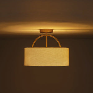 LightFixturesUSA - Mid - Century Brass Wide Linen Drum Semi Flush Mount - Ceiling Light - Brass - 