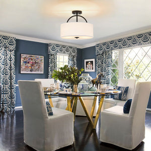 LightFixturesUSA - Mid - Century Brass Wide Linen Drum Semi Flush Mount - Ceiling Light - Nickel - 