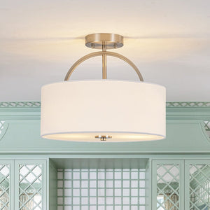 LightFixturesUSA - Mid - Century Brass Wide Linen Drum Semi Flush Mount - Ceiling Light - Nickel - 
