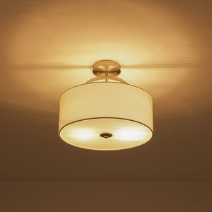 LightFixturesUSA - Mid - Century Brass Wide Linen Drum Semi Flush Mount - Ceiling Light - Nickel - 