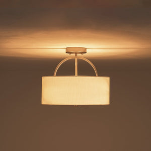 LightFixturesUSA - Mid - Century Brass Wide Linen Drum Semi Flush Mount - Ceiling Light - Nickel - 