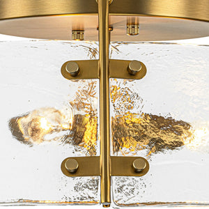 LightFixturesUSA - Mid - Century Clear Textured Glass Drum Flush Mount Light - Ceiling Light - Brass - 