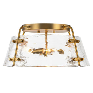 LightFixturesUSA - Mid - Century Clear Textured Glass Drum Flush Mount Light - Ceiling Light - Brass - 