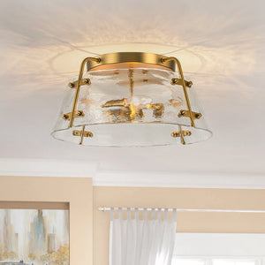 LightFixturesUSA - Mid - Century Clear Textured Glass Drum Flush Mount Light - Ceiling Light - Brass - 