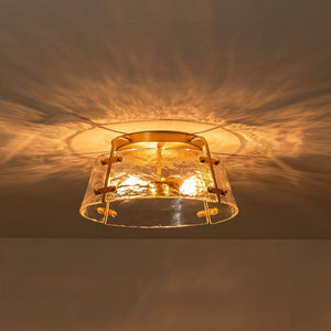 LightFixturesUSA - Mid - Century Clear Textured Glass Drum Flush Mount Light - Ceiling Light - Brass - 