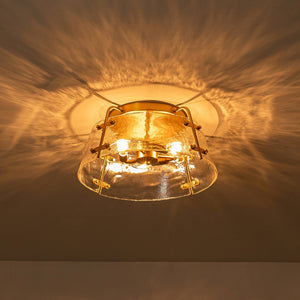 LightFixturesUSA - Mid - Century Clear Textured Glass Drum Flush Mount Light - Ceiling Light - Brass - 