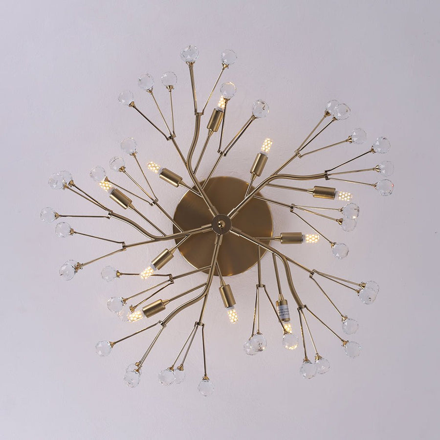 LightFixturesUSA - Mid - Century Firework Crystal Branching Semi Flush Mount - Ceiling Light - Gold - 