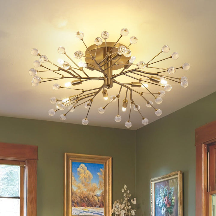 LightFixturesUSA - Mid - Century Firework Crystal Branching Semi Flush Mount - Ceiling Light - Gold - 