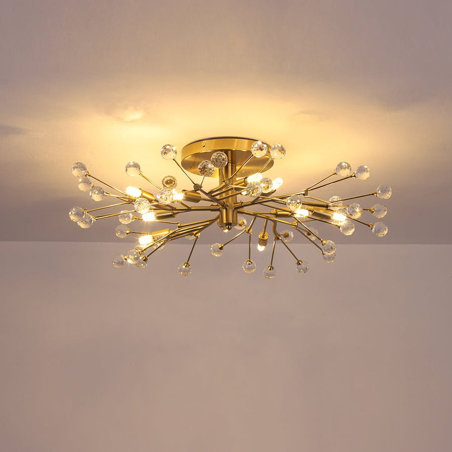 LightFixturesUSA - Mid - Century Firework Crystal Branching Semi Flush Mount - Ceiling Light - Gold - 