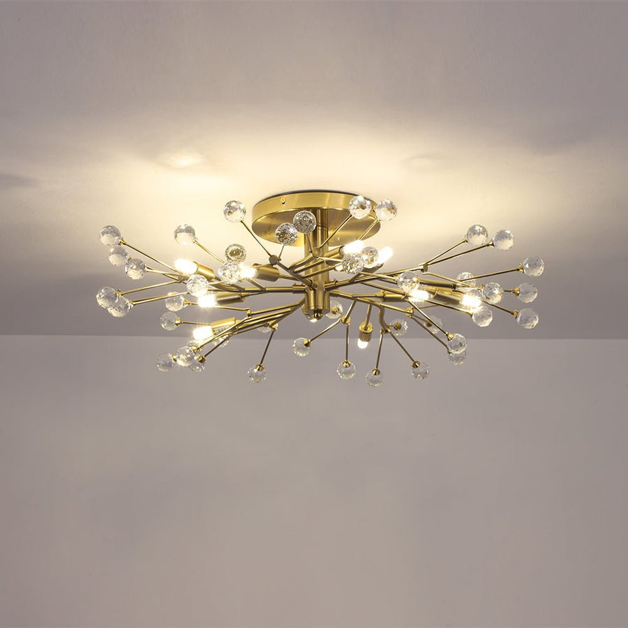 LightFixturesUSA - Mid - Century Firework Crystal Branching Semi Flush Mount - Ceiling Light - Gold - 