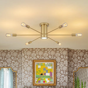 LightFixturesUSA-Mid-Century Flush Mount Sputnik Ceiling Light-Ceiling Light-Gold-6 + 1 LED