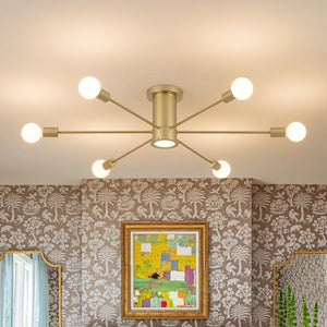 LightFixturesUSA-Mid-Century Flush Mount Sputnik Ceiling Light-Ceiling Light-Gold-6 + 1 LED