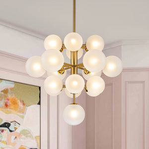 LightFixturesUSA-Mid-Century Frosted Glass Bubble Tiered Sputnik Chandelier-Chandelier-Brass-
