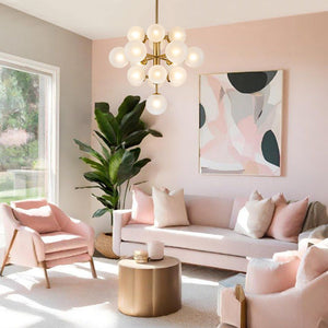 LightFixturesUSA-Mid-Century Frosted Glass Bubble Tiered Sputnik Chandelier-Chandelier-Brass-