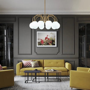 LightFixturesUSA-Mid-Century Frosted Glass Globe Bubble Round Chandelier-Chandelier-10-Lt-Brass