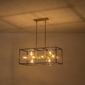LightFixturesUSA - Mid - Century Glass Bubble Rectangular Cage Island Chandelier - Chandelier - Black + Brass - 