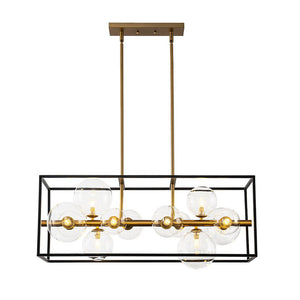 LightFixturesUSA - Mid - Century Glass Bubble Rectangular Cage Island Chandelier - Chandelier - Black + Brass - 