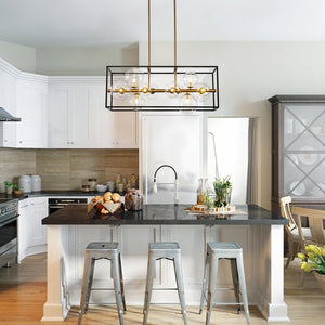 LightFixturesUSA - Mid - Century Glass Bubble Rectangular Cage Island Chandelier - Chandelier - Black + Brass - 