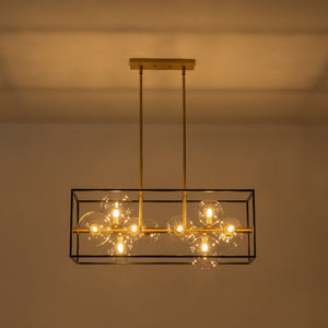 LightFixturesUSA - Mid - Century Glass Bubble Rectangular Cage Island Chandelier - Chandelier - Black + Brass - 