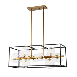 LightFixturesUSA - Mid - Century Glass Bubble Rectangular Cage Island Chandelier - Chandelier - Black + Brass - 