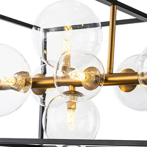 LightFixturesUSA - Mid - Century Glass Bubble Rectangular Cage Island Chandelier - Chandelier - Black + Brass - 